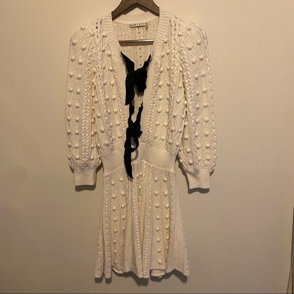 Alice + Olivia Kitty Bow Front Sweater Dress Cream - Picture 9 of 12